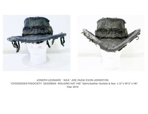 “CHOOSEDEATHSOCIETY  DEADMAN  WALKING HAT #48” fabric/leather /bullets & fear  L15”x W13’’x H6”   Year 2019