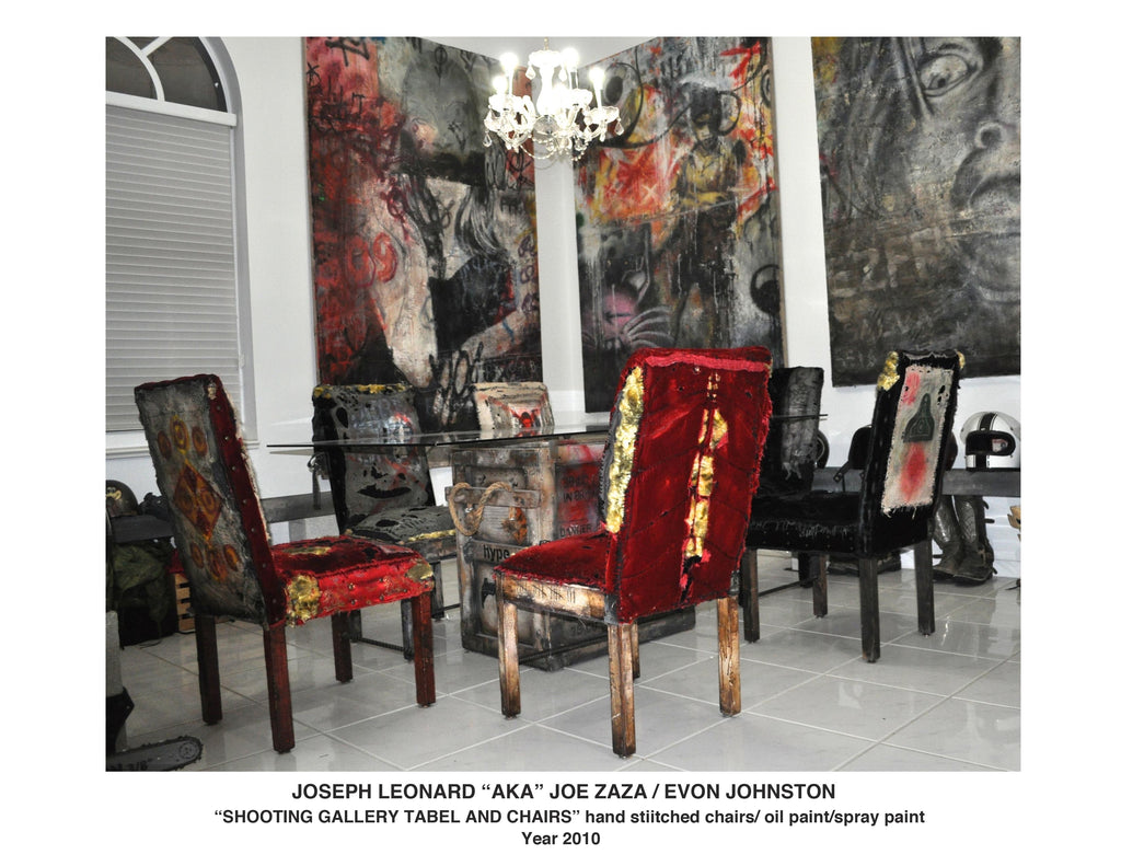 "SHOOTING GALLERY TABLE AND CHAIRS ''  hand stitched chairs/ oil paint/spray paint Year 2010