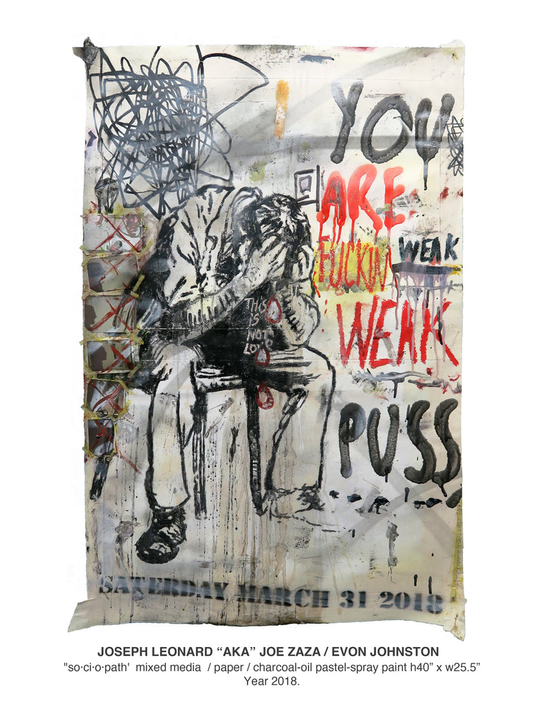 "so·ci·o·path'  mixed media / charcoal/oil pastel / spray paint  h40"x w25.5"    Year 2018